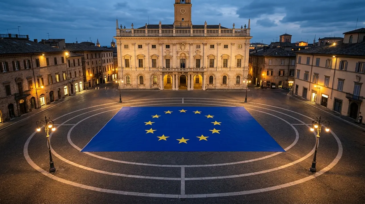Grande bandiera europea distesa sul selciato di una piazza monumentale deserta all imbrunire, davanti alla facciata di un palazzo civico