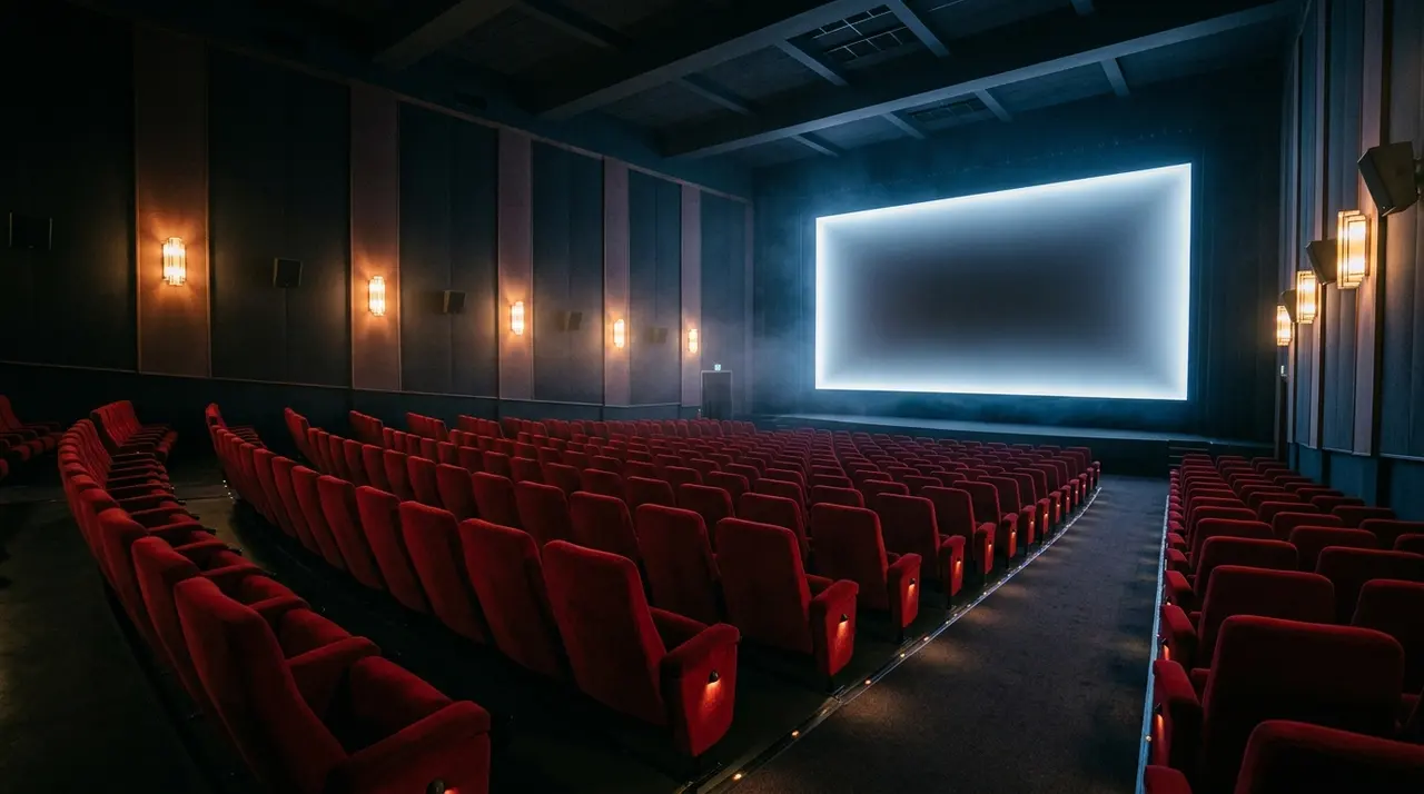 Sala di un festival cinematografico vuota con poltrone rosse e schermo acceso prima della proiezione