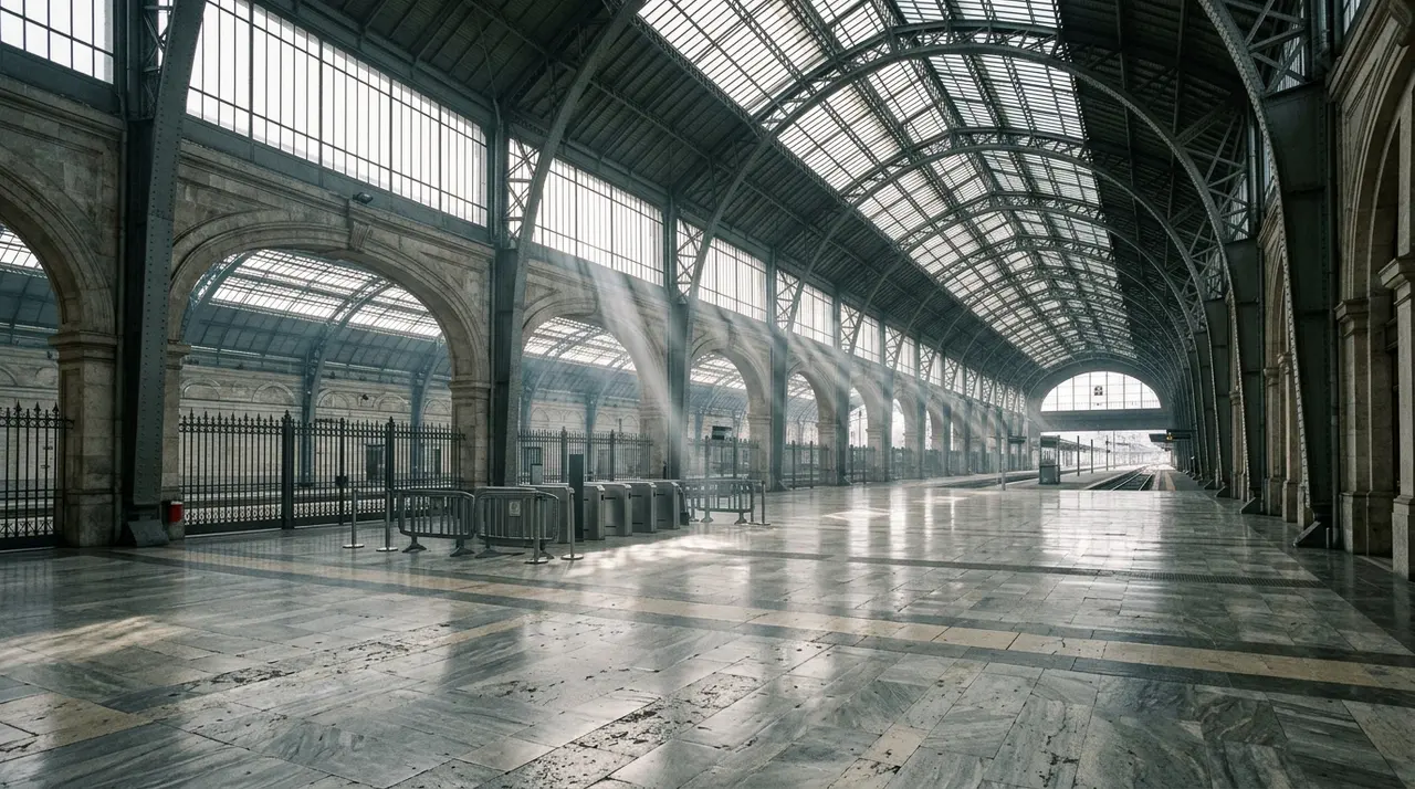 Atrio deserto di una grande stazione ferroviaria italiana con transenne metalliche, scenario dell'operazione Stazioni sicure