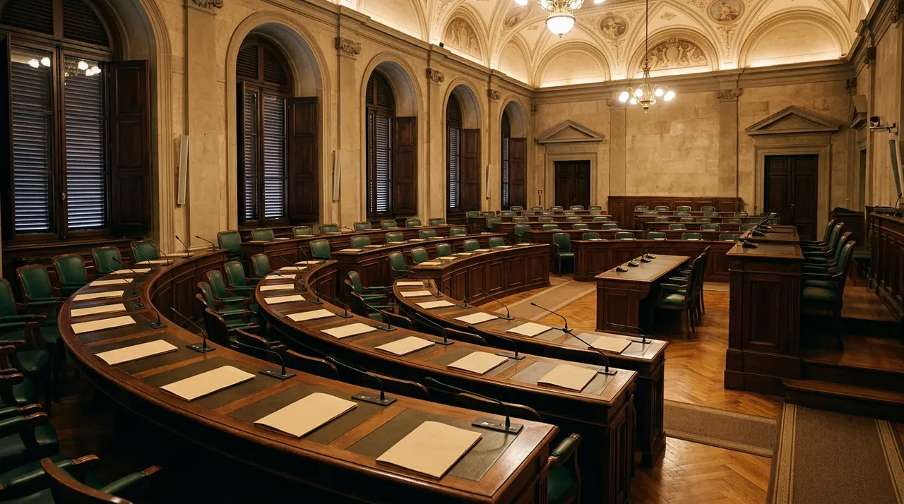 Aula di commissione parlamentare italiana vuota con banchi in legno e microfoni, dove si discute la risoluzione su Strade Sicure