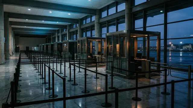 Corridoio di controllo passaporti deserto in un aeroporto italiano durante il blocco Schengen con la Spagna