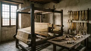 Maestri d'Eccellenza: telaio a mano in una tessitura artigiana italiana, con rocchetti e matasse di filato naturale