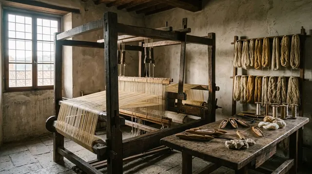 Maestri d'Eccellenza: telaio a mano in una tessitura artigiana italiana, con rocchetti e matasse di filato naturale