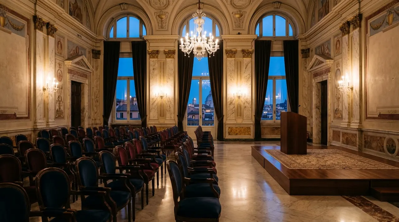 Sala di un palazzo romano allestita per una cerimonia di premiazione: sedie vuote, palco e leggio all'imbrunire
