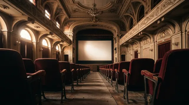 Oscar 2027: sala cinematografica italiana storica vuota con schermo bianco illuminato all'alba