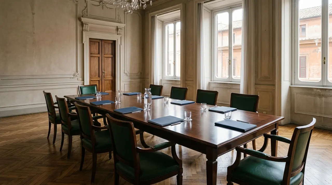 Sala istituzionale romana con tavolo e sedie vuote, dove il Comitato di Selezione vota il film italiano per gli Oscar 2027