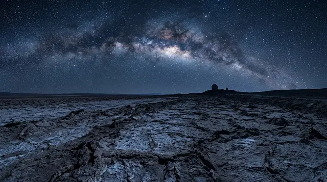 Patricio Guzmán e il deserto di Atacama: cielo stellato sopra la crosta arida con la cupola di un osservatorio all'orizzonte