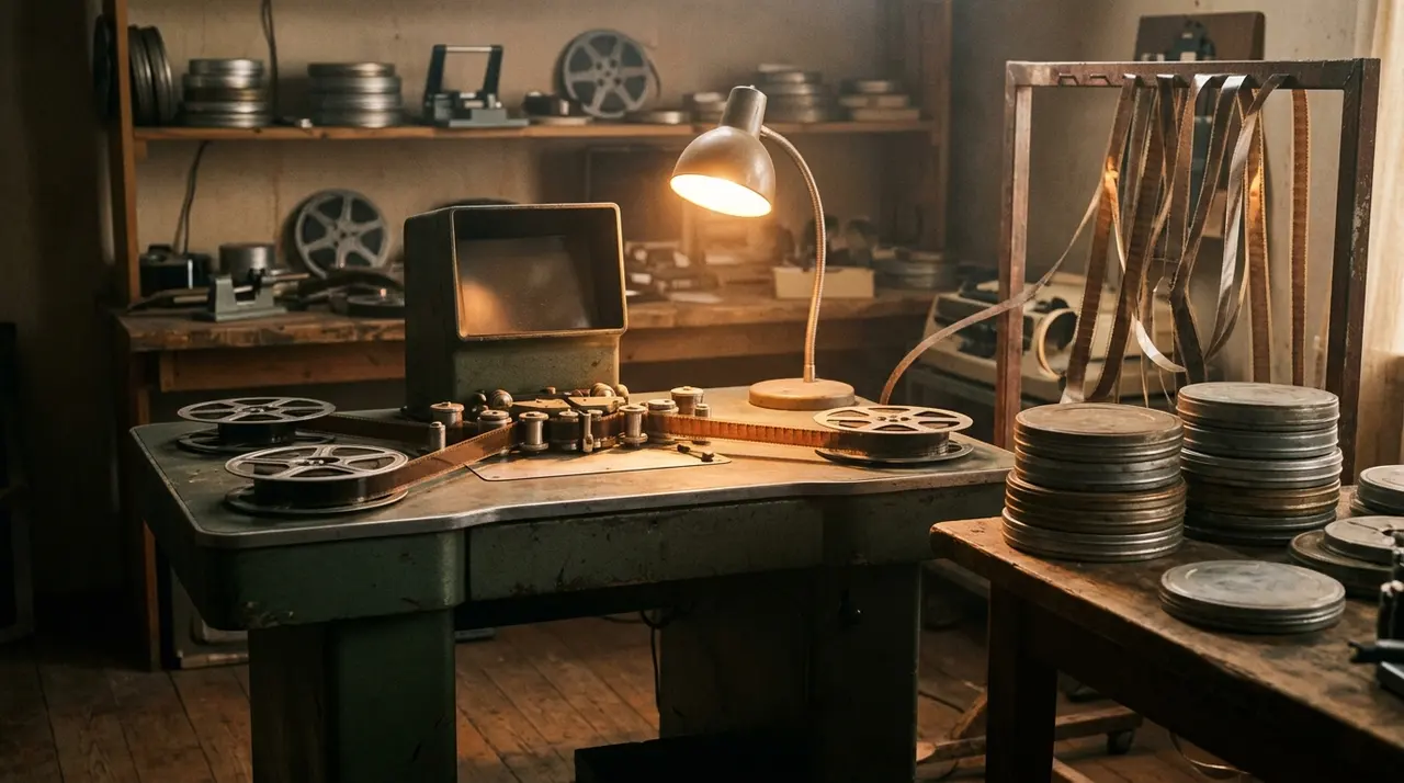 Sala di montaggio anni Settanta con moviola, bobine di pellicola 16mm e pile di scatole metalliche senza etichette