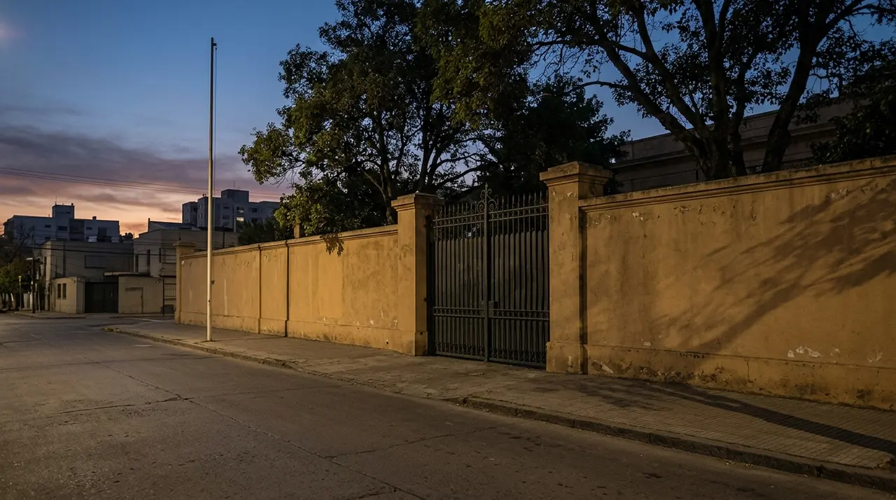 Cancellata chiusa e muro di cinta di una residenza diplomatica all'imbrunire in una capitale sudamericana, pennone senza bandiera