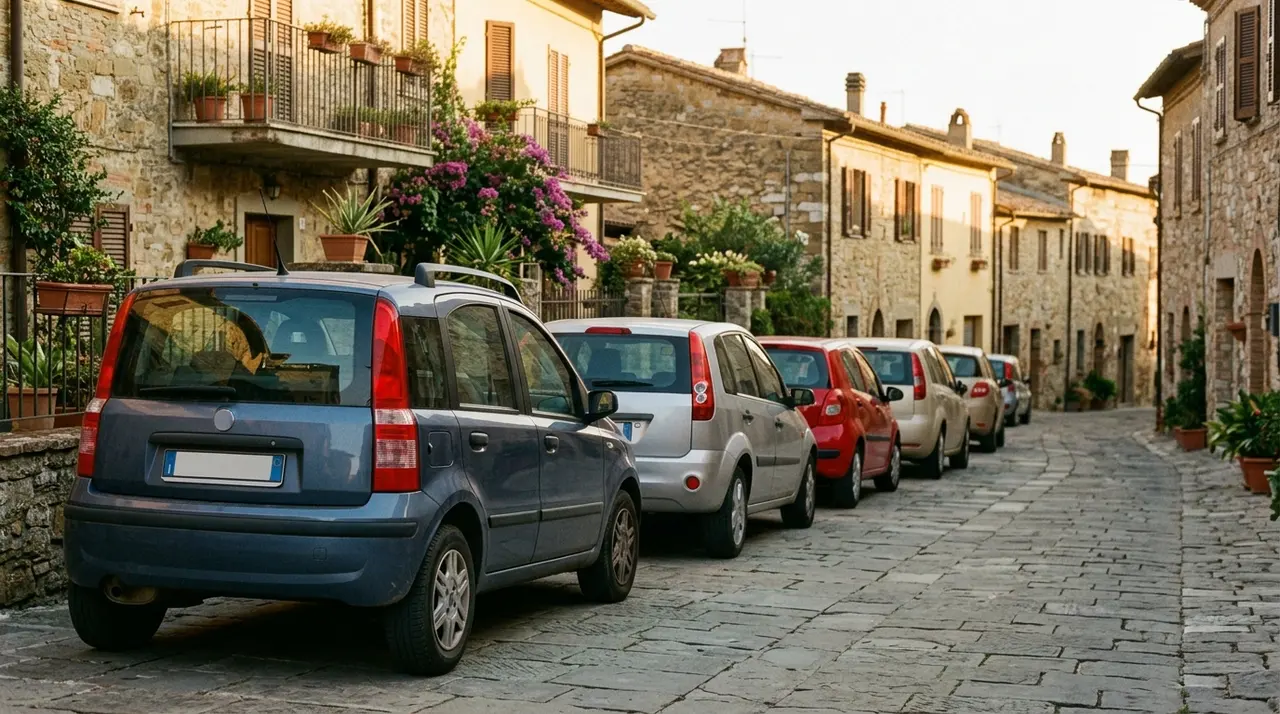 Bollo auto: utilitarie parcheggiate lungo la via di un borgo italiano