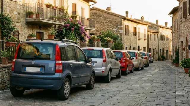 Bollo auto: utilitarie parcheggiate lungo la via di un borgo italiano