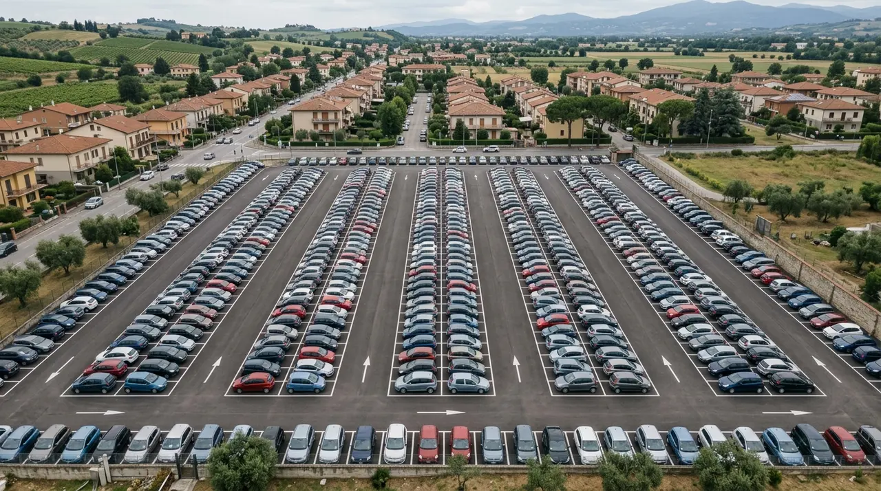 Parcheggio con centinaia di utilitarie in fila: il parco auto italiano conta 41,8 milioni di vetture