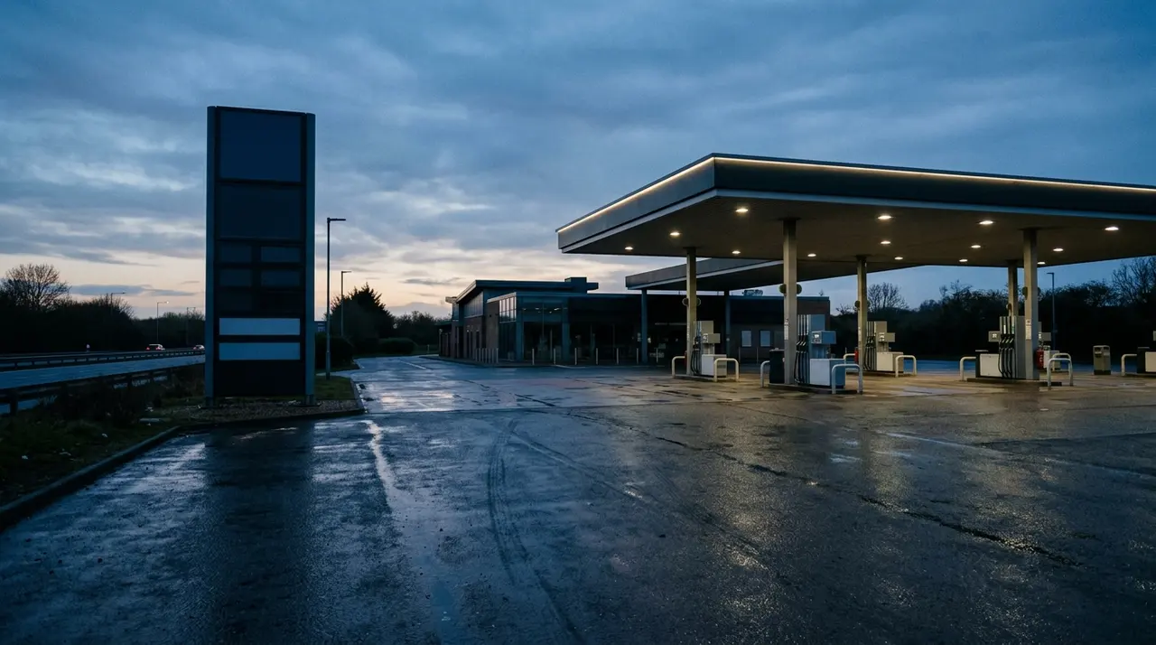 Stazione di servizio deserta al crepuscolo con i totem dei prezzi spenti