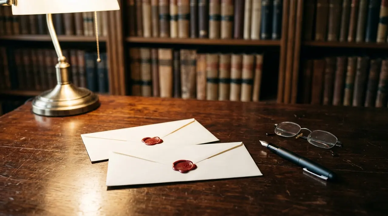 Due buste sigillate con ceralacca sulla scrivania di uno studio notarile, come i due testamenti segreti di Giorgio Armani