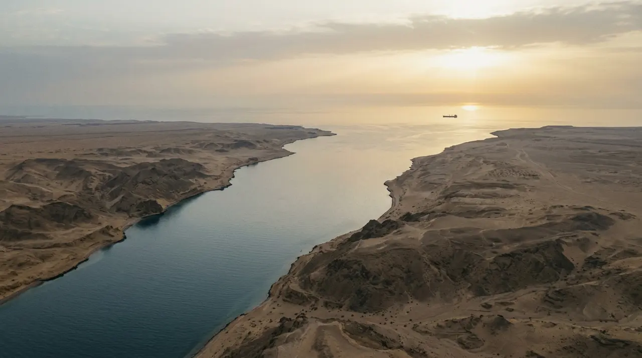 Mar Rosso, lo stretto di Bab el-Mandeb visto dall'alto all'alba con un mercantile all'orizzonte