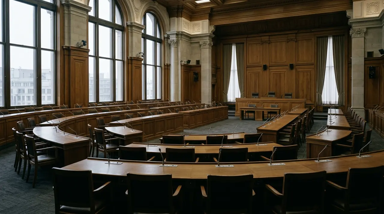 Aula di commissione parlamentare deserta, i banchi dove è stata approvata la scheda 10/2026 sulle missioni internazionali