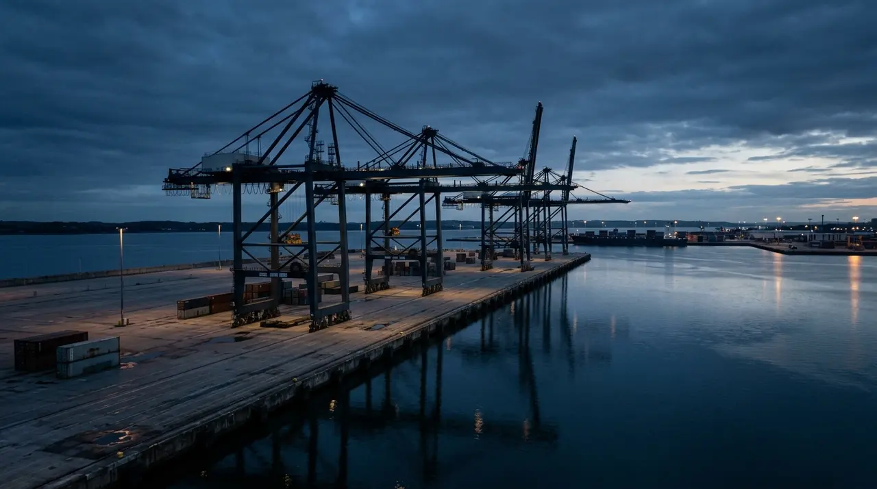 Terminal container quasi vuoto al crepuscolo, effetto del crollo dei transiti dal Canale di Suez