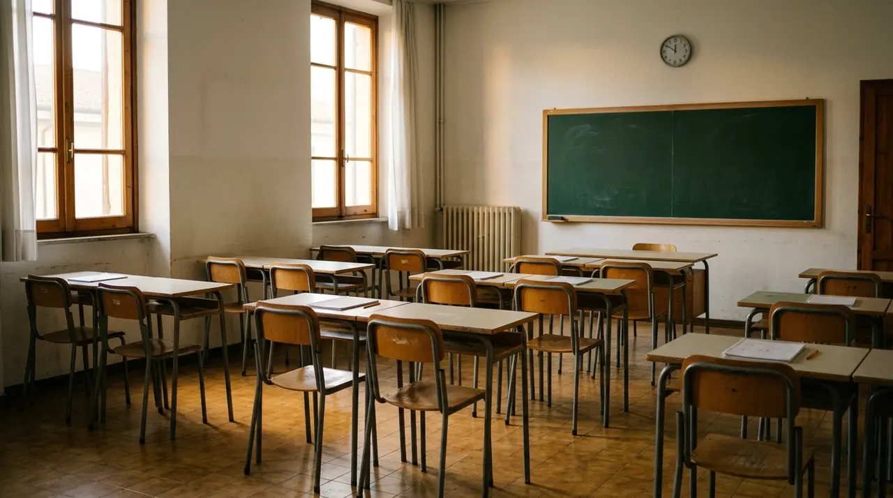 Prof accoltellata a Centocelle: aula vuota di una scuola media italiana con banchi in legno e lavagna verde