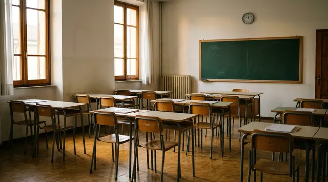 Prof accoltellata a Centocelle: aula vuota di una scuola media italiana con banchi in legno e lavagna verde
