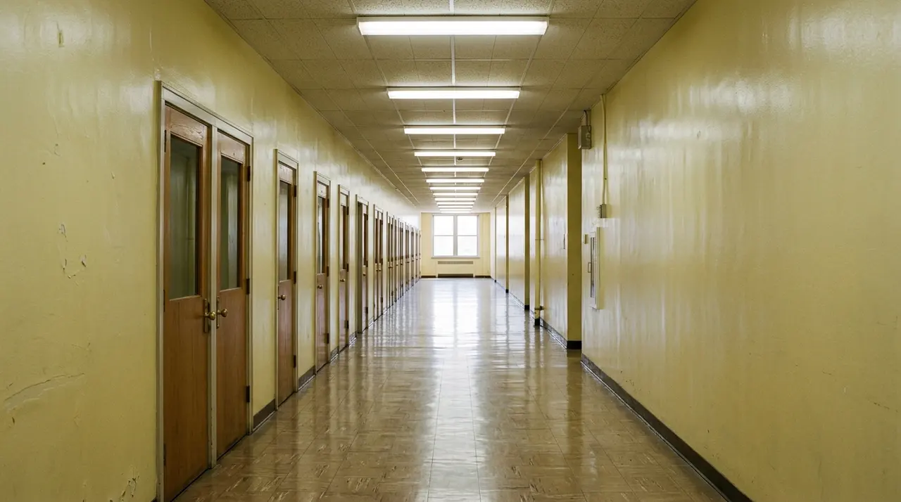 Corridoio deserto di una scuola media italiana con pareti gialle, il percorso ripreso nel video della prof accoltellata