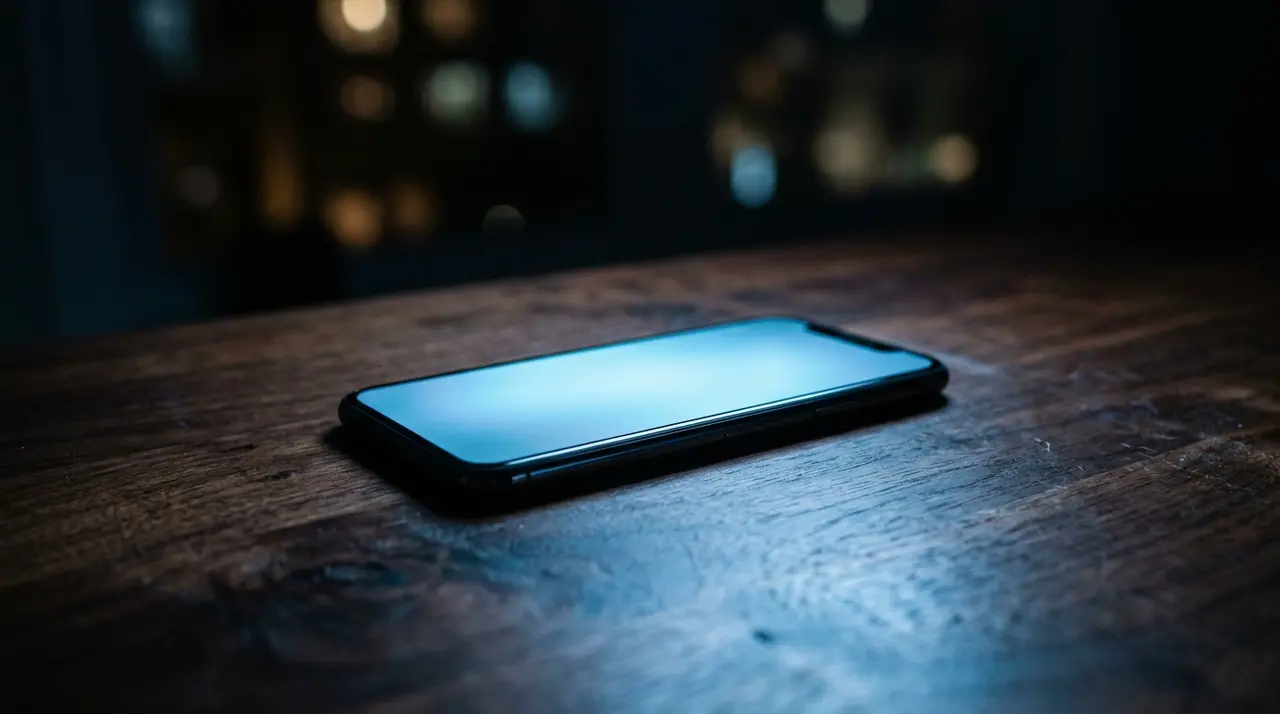 Smartphone acceso al buio su una scrivania, la rete online al centro dell'inchiesta sulla prof accoltellata