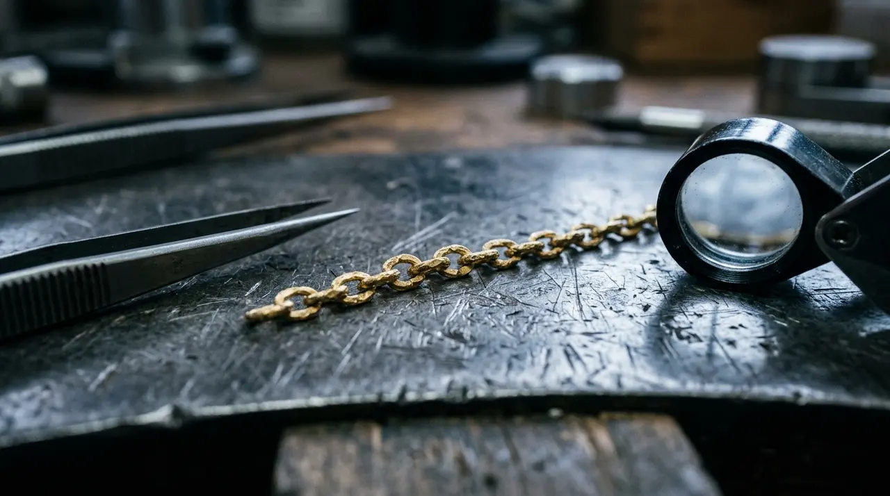 Catena in oro lavorata a mano su un banco d'acciaio accanto a pinzette e lente da orafo, simbolo della produzione del comparto orafo italiano