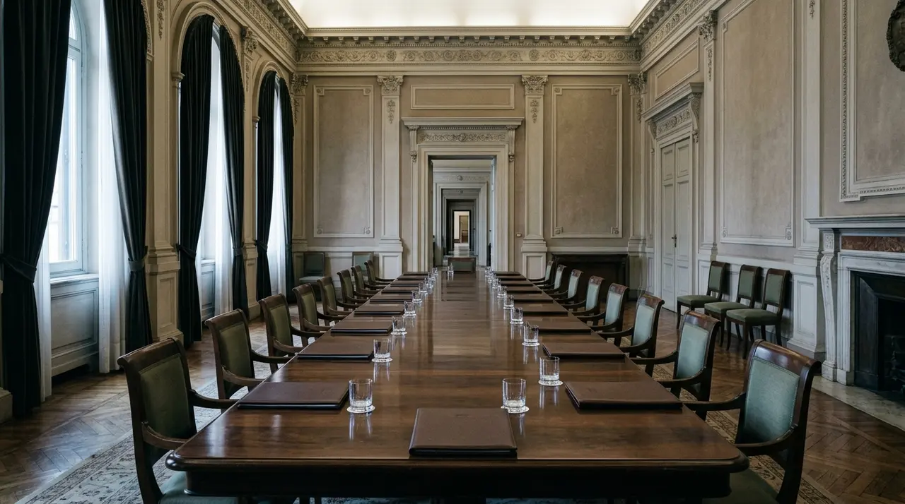 Sala riunioni istituzionale vuota con tavolo lungo e cartelline chiuse, come quella del Tavolo della Moda al Mimit dove si riunisce il gruppo tecnico sul comparto orafo