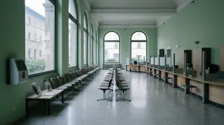 Occupazione record in Italia: sala d'attesa vuota di un centro per l'impiego con sportelli deserti