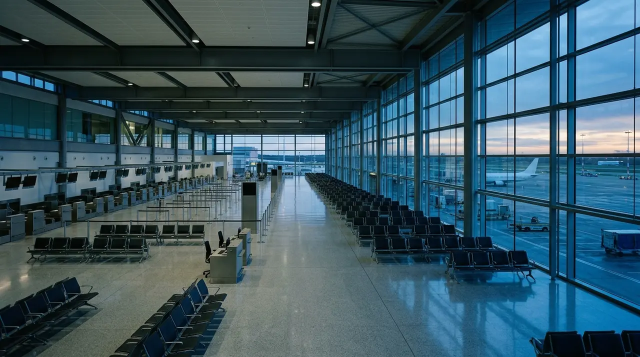 Area partenze di un aeroporto vuota all'alba: l'emigrazione giovanile italiana dietro i dati sull'occupazione