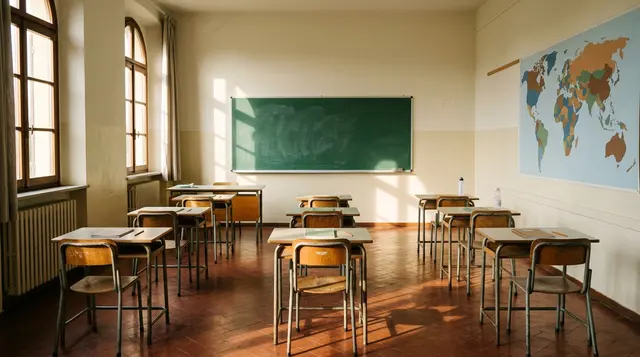 Tetto studenti stranieri: aula vuota di una scuola italiana con banchi in legno, lavagna verde e planisfero alla parete