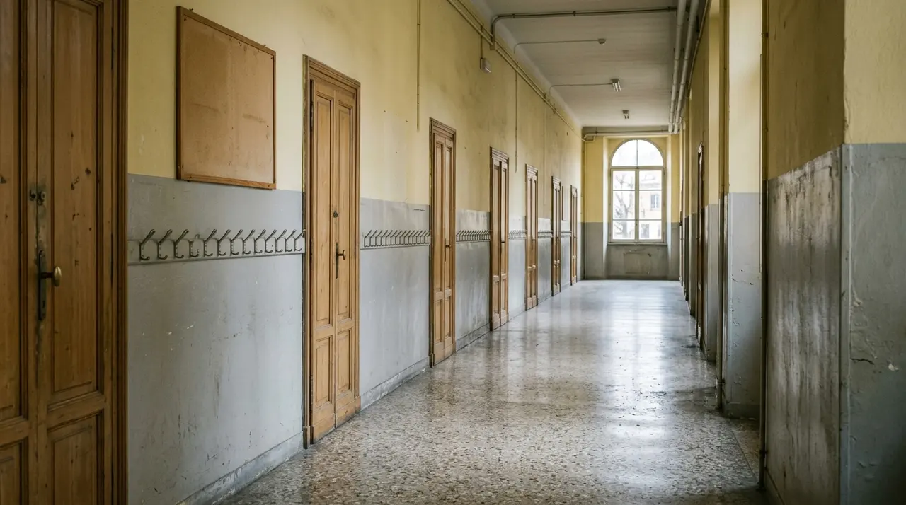 Corridoio deserto di una scuola pubblica italiana con le porte delle aule chiuse e gli attaccapanni vuoti