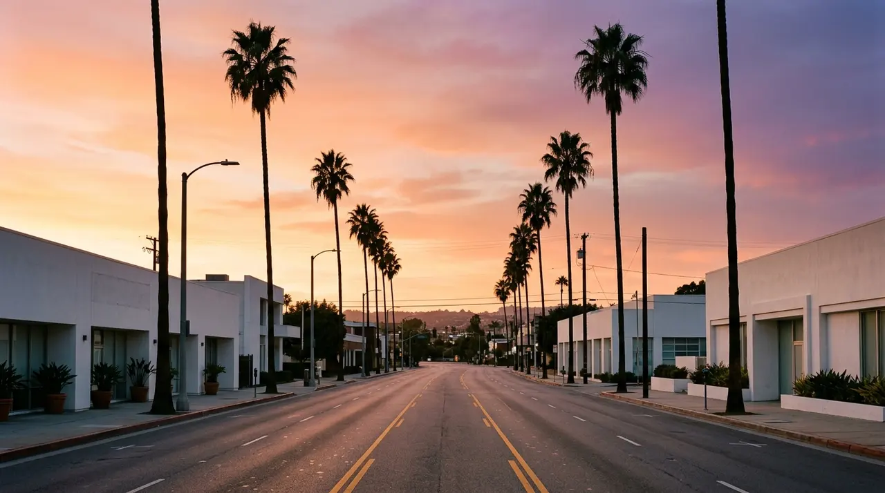 Viale di Los Angeles al tramonto con palme, la citta californiana dove Revolve Group e nata nel 2003