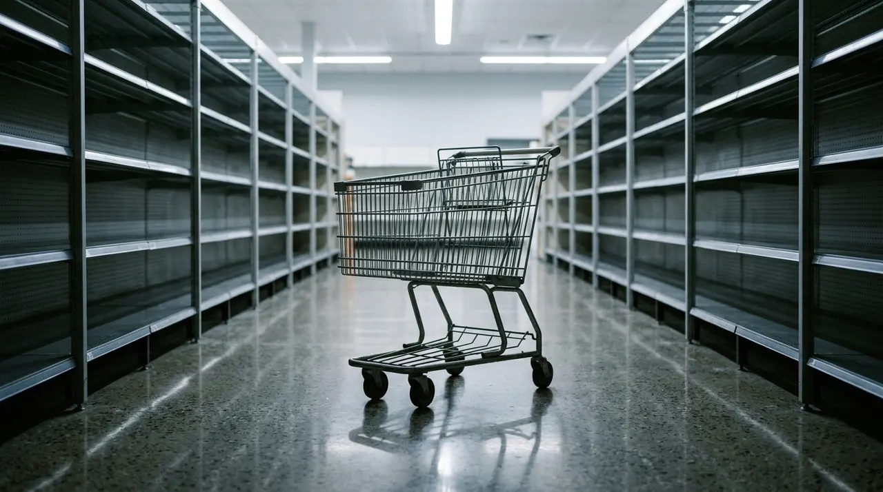 Carrello della spesa vuoto in un supermercato deserto, simbolo della Carta Dedicata a Te e della spesa alimentare delle famiglie