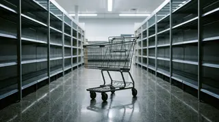 Carrello della spesa vuoto in un supermercato deserto, simbolo della Carta Dedicata a Te e della spesa alimentare delle famiglie