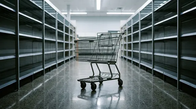 Carrello della spesa vuoto in un supermercato deserto, simbolo della Carta Dedicata a Te e della spesa alimentare delle famiglie