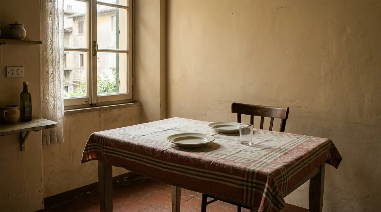 Tavolo da cucina spoglio con due piatti vuoti, la spesa alimentare di una famiglia di tre componenti