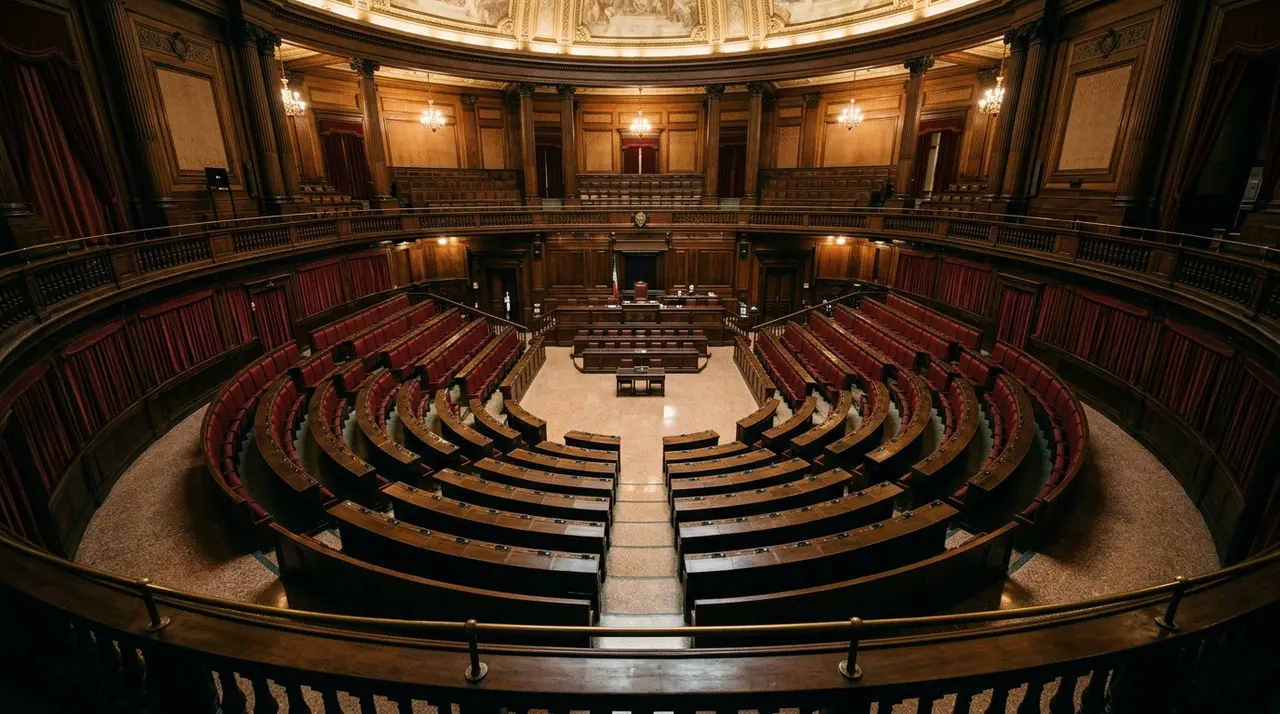 Aula parlamentare italiana vuota vista dalla tribuna: la manovra dopo la revisione Istat dei conti 2025
