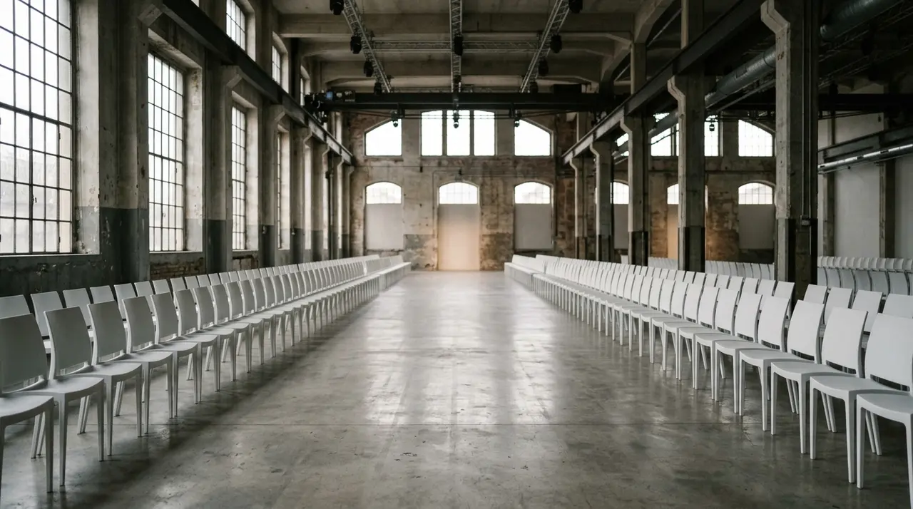 Visitatori italiani in calo alla Fashion Week: sedie vuote in prima fila davanti alla passerella di una sfilata milanese