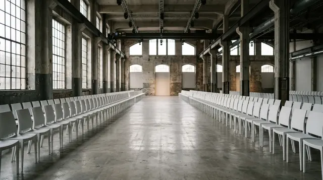 Visitatori italiani in calo alla Fashion Week: sedie vuote in prima fila davanti alla passerella di una sfilata milanese