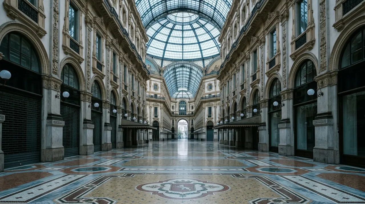 La Galleria Vittorio Emanuele II di Milano deserta all'alba, cuore commerciale della settimana della moda