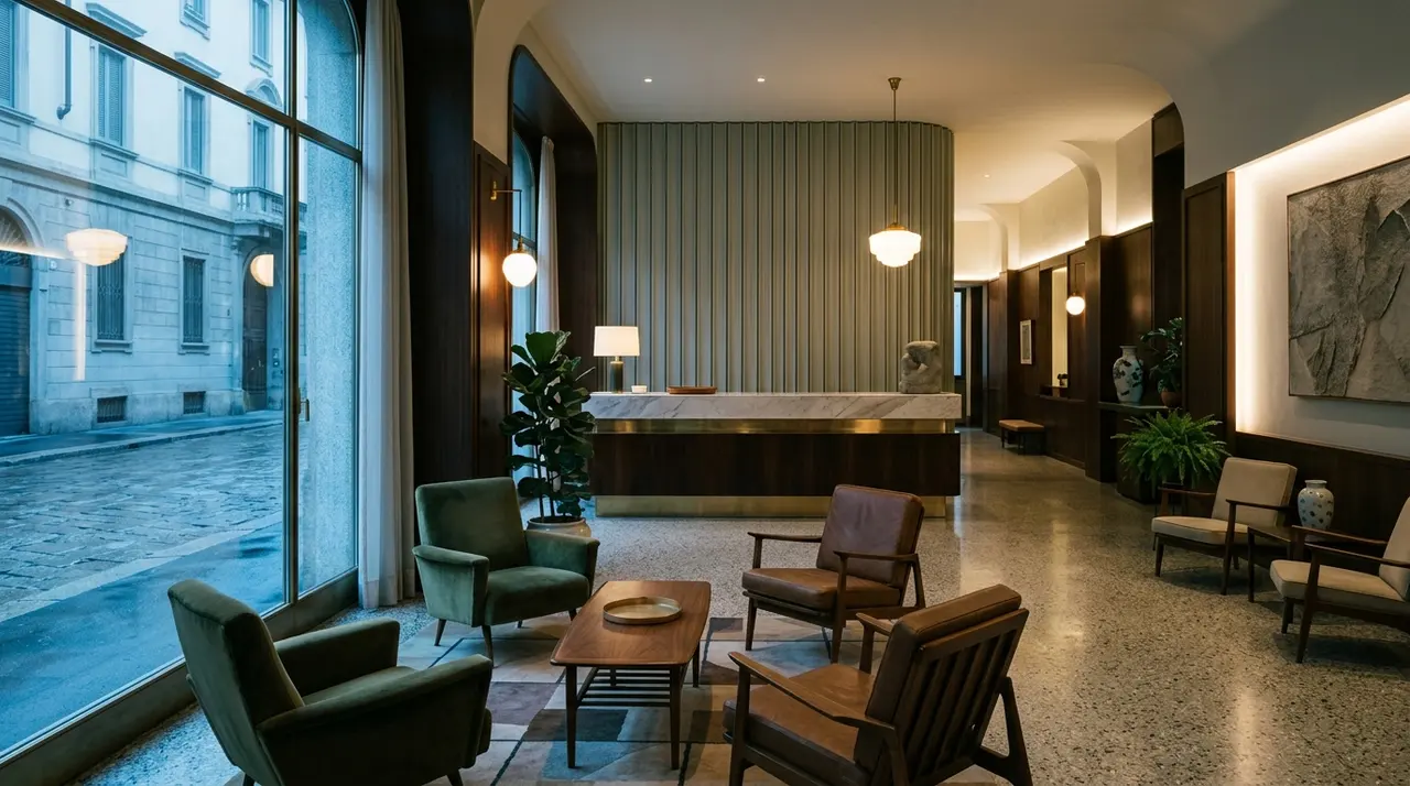 Hall deserta di un albergo milanese: ricettivita e ristorazione valgono 85,4 milioni dell'indotto della Fashion Week