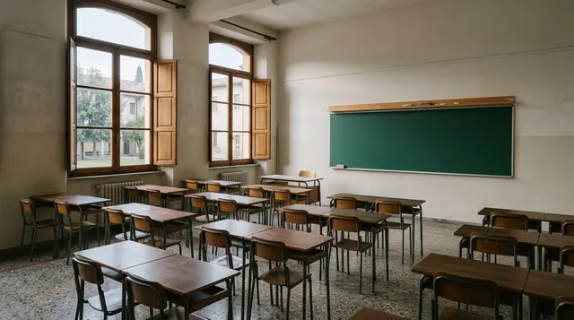 Circolare Mattarella: aula vuota di una scuola italiana con banchi in legno e lavagna verde