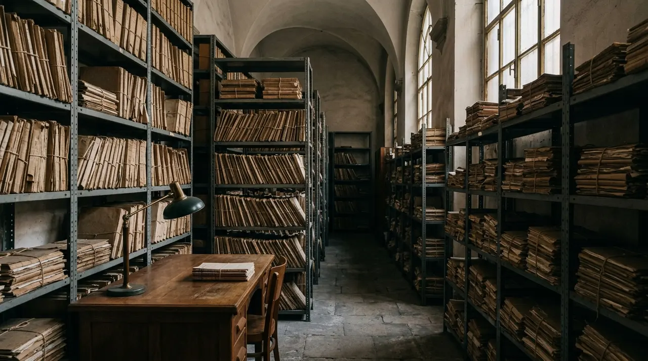 Archivio ministeriale con faldoni di documenti: i testi della circolare Mattarella e del dpr del 1982