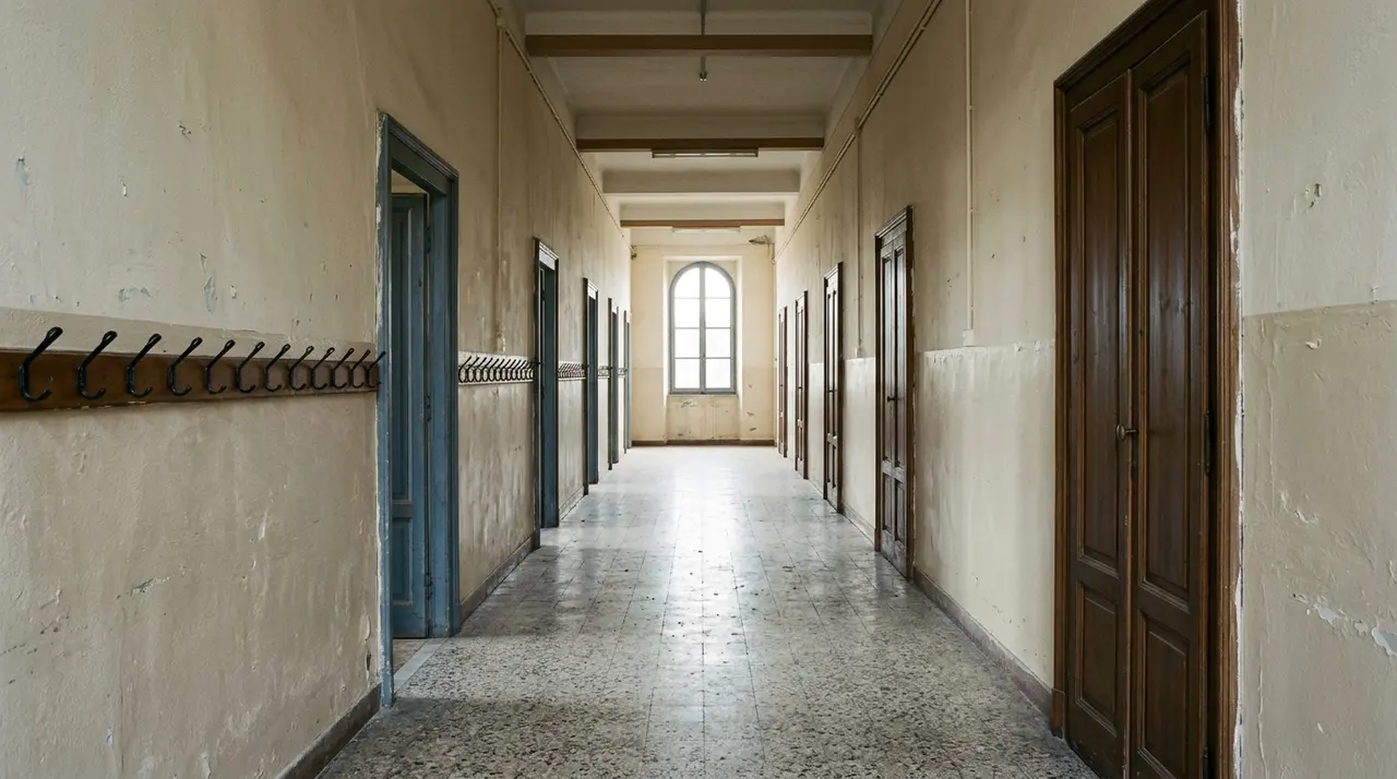 Corridoio deserto di una scuola pubblica italiana con attaccapanni vuoti e porte delle aule chiuse