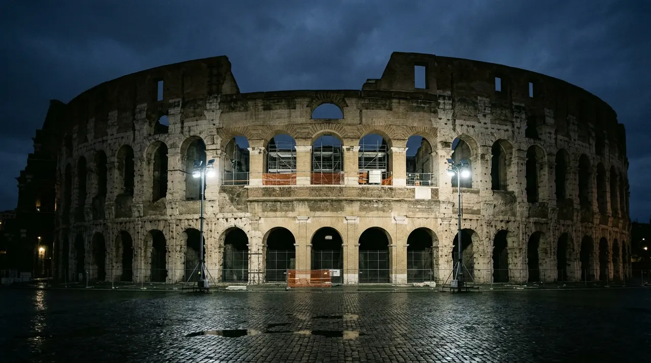 Il cantiere del Colosseo di notte, ponteggi e fari da lavoro sul secondo ordine dell'Anfiteatro Flavio