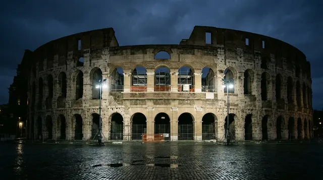 Il cantiere del Colosseo di notte, ponteggi e fari da lavoro sul secondo ordine dell'Anfiteatro Flavio