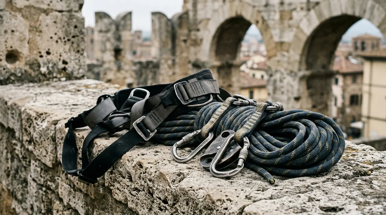 Imbracatura di sicurezza e fune per lavori in quota appoggiate su un parapetto in travertino