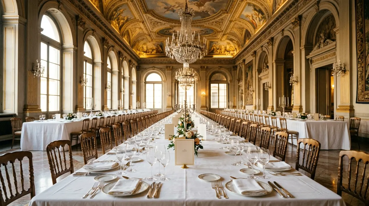 Sostegno alla moda: tavolo di gala apparecchiato e deserto in una sala storica milanese, la cena di apertura della Fashion Week