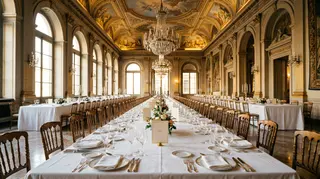 Sostegno alla moda: tavolo di gala apparecchiato e deserto in una sala storica milanese, la cena di apertura della Fashion Week