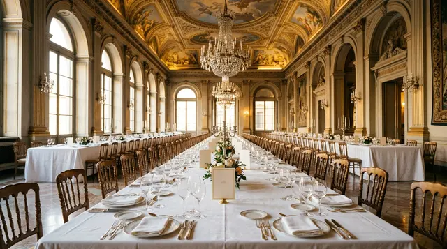 Sostegno alla moda: tavolo di gala apparecchiato e deserto in una sala storica milanese, la cena di apertura della Fashion Week